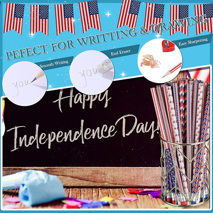 Gersoniel 36 Pieces American Flag Pencils Wooden Patriotic Pencils for 4th of July USA Independence Day 250th Anniversary Parades Party Favors Office Supplies