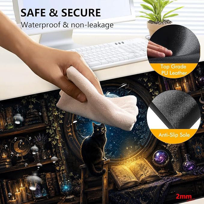 Large Heated Mouse Pad–23.6" x 14.2" Desk Mat for Office | 3 Adjustable Heat Levels,Auto Shut-Off After 3 Hours for Safety,Keeps Hands Warm While Working，Witchy Black Cat Library
