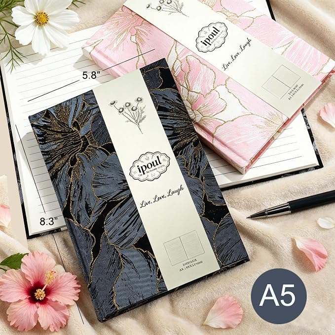 ipoul Floral Notebook, A5, 8x6, Wide Rule, Lined Paper, Journal for Women, Hard Cover, Lay Flat, Pretty, Writing Journal, Navy Blue, Hibiscus, Gift for Mother, Grandma