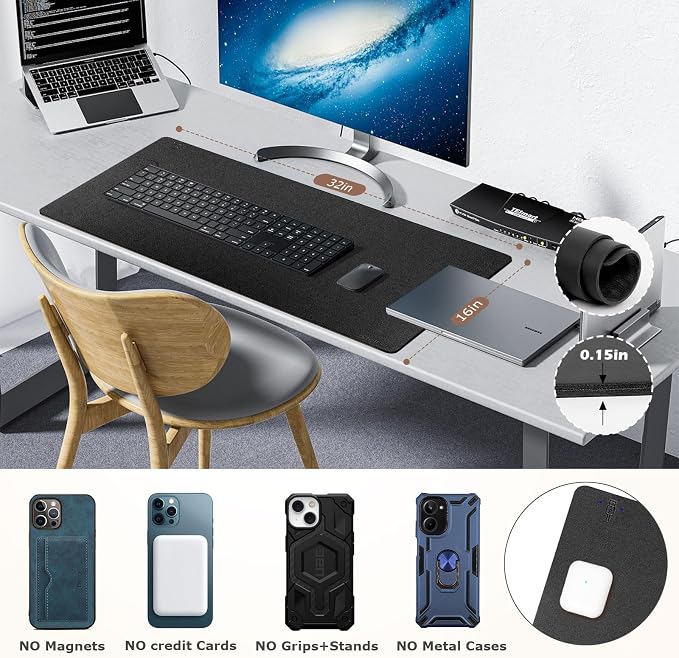 Wireless Charging Mouse Pad Firelison 2 in 1 Leather Multifunctional Office Desk Pad with Non-Slip Rubber Base, Waterproof Desk pad for Computers/Office/Work/Home/Decor（ 32" x 16"Black - L）