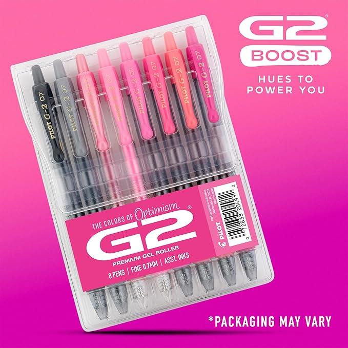 Pilot G2 Premium Gel Roller Pens, G2 Boost Pink Pens Pack, The Colors of Optimism, 8 Pack Pouch, Fine Point 0.7 mm, Assorted