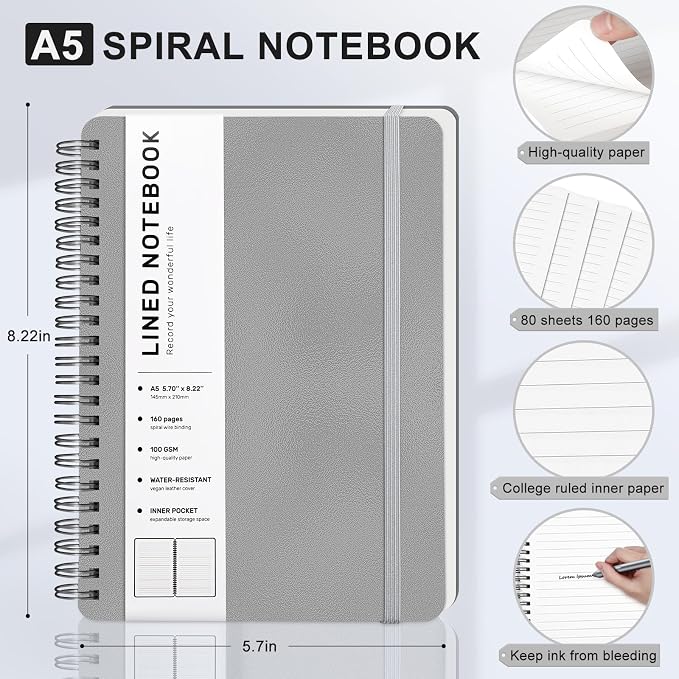ABERLLS Lined Spiral Journal Notebook with 160 Pages, 8×5.7in, A5 Spiral Notebook, Journaling Notebooks for Work, School, Women, Men, College Ruled Spiral Notebook, Hardcover Leather Journals, Gray
