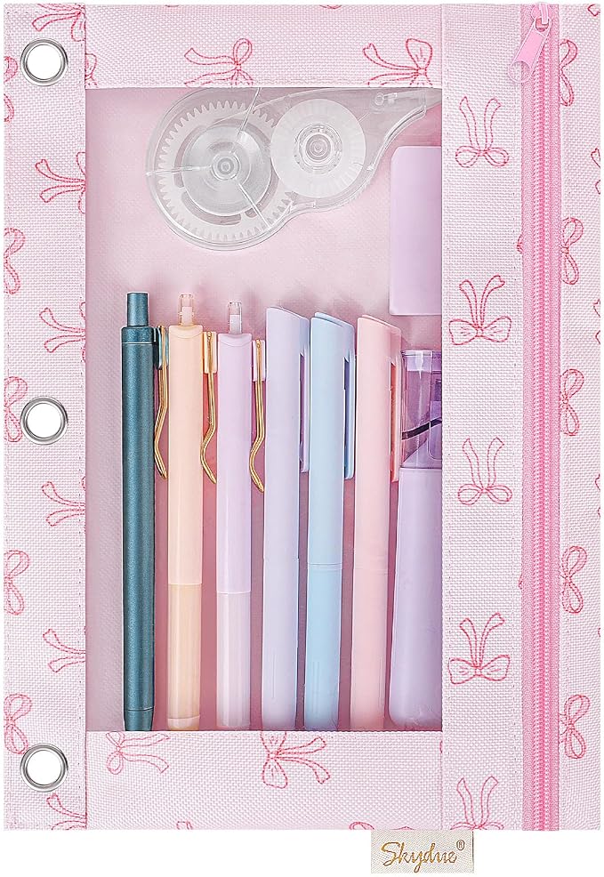 SKYDUE Pencil Pouches for 3 Ring Binder, Zipper Pencil Pouch for Girls Boys, Clear Window Pencil Bag, 3 Ring Pencil Pouch Case for Binder, Durable Organizer for School Supplies