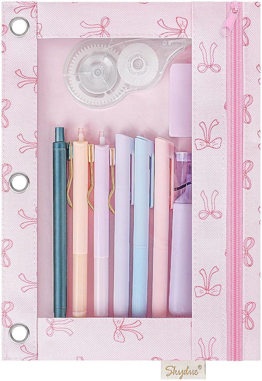 SKYDUE Pencil Pouches for 3 Ring Binder, Zipper Pencil Pouch for Girls Boys, Clear Window Pencil Bag, 3 Ring Pencil Pouch Case for Binder, Durable Organizer for School Supplies