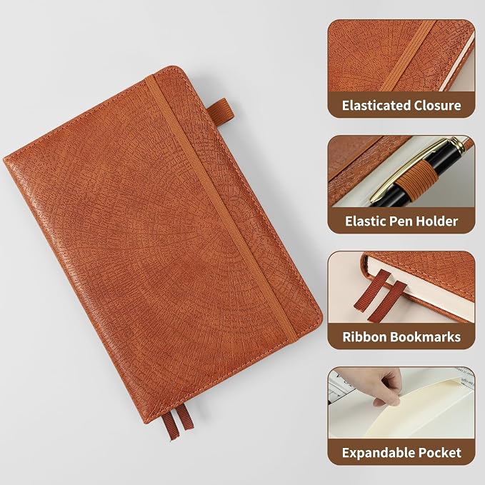 Graph Grid Paper Notebook,256 Pages,A5 Size (5.7'' x 8.3''),Vintage Tree Growth Rings Leather Hardcover Journal,100 GSM Thick Paper,for Daily,Work,School,Note Taking(Light Brown)