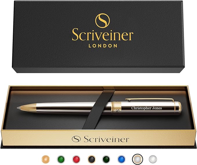 Scriveiner Personalized Silver Chrome Ballpoint Pen - Stunning Luxury Pen, Real Gold Plating, Schmidt Ink Refill, Best Engraved Ball Point Gift Set for Men & Women, Custom Name Engraving