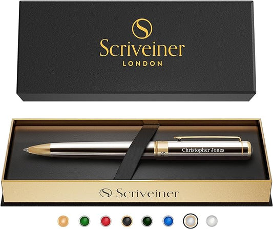 Scriveiner Personalized Silver Chrome Ballpoint Pen - Stunning Luxury Pen, Real Gold Plating, Schmidt Ink Refill, Best Engraved Ball Point Gift Set for Men & Women, Custom Name Engraving