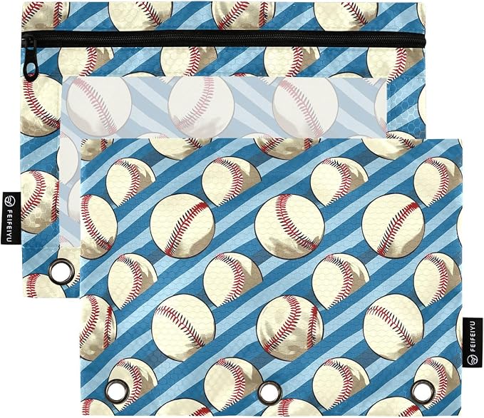 Binder Pencil Pouches, Retro Sport Pencil Case with Clear Window 3 Rings Cosmetic Bags Office Supplies 2 Pack
