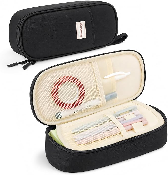 Zzrywuty Pen Case with Zipper Pencil Pouch for Office Travel Portable Large Pencil Case Pouch for Teen Girls & Boys,Black
