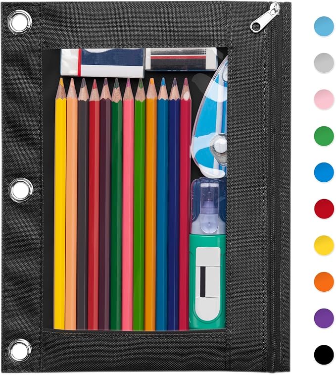 Forvencer Pencil Pouch for 3 Ring Binder, Large Pencil Case Pouch with 3 Reinforced Grommets, Pen Bag, Clear Window Pencil Case, Binder Accessories, Black