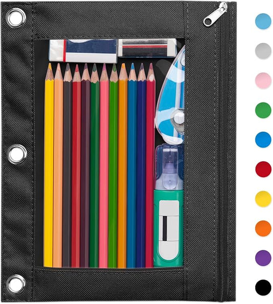 Forvencer Pencil Pouch for 3 Ring Binder, Large Pencil Case Pouch with 3 Reinforced Grommets, Pen Bag, Clear Window Pencil Case, Binder Accessories, Black
