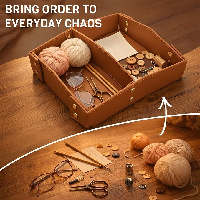 Valet Tray Organizer for Men & Women - PU Leather Catch All Tray with Removable Divider - EDC Storage for Keys, Watch, Phone - Nightstand, Dresser & Desk Organizer - Saddle Tan