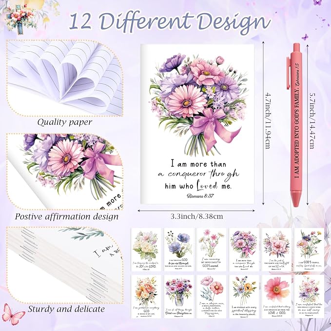 Mooliwe 96 Pcs Positive Affirmation Gift Set Gratitude Notebooks with Pens Small Bags Motivational Encouragement Notepads Daily Affirmations Journal for Women Stress Relief Self Care (Bible)
