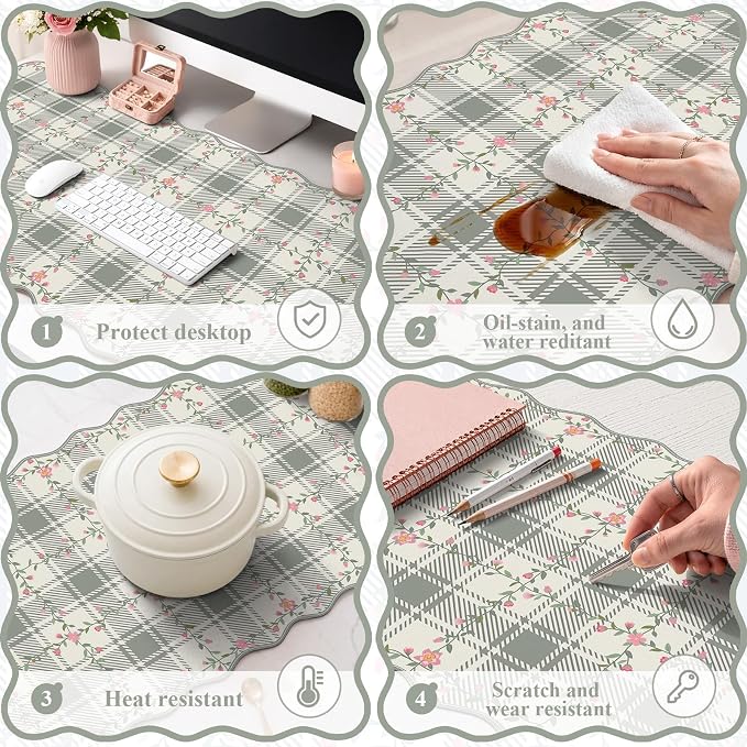 iCasso Leather Scalloped Checkered Desk Mat, XXL Flower Mouse Pad, Back to School Desk Matt for Desktop, Anti-Slip Big Cute Mousepad with Stitched Edges for Home Office Decor (Light Green)