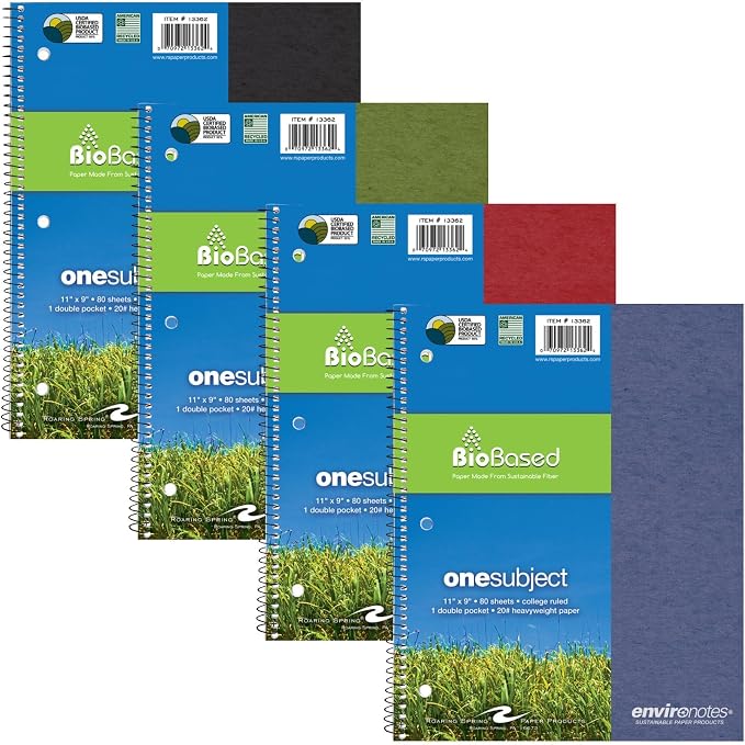 ROARING SPRING Environotes College Ruled Spiral Notebook, 1 Subject Recycled School Notebook with Storage Pocket, 24 Pack, 11" x 9", 80 Perforated Sheets 20 lb Paper, 3 Hole Punched, Made in USA