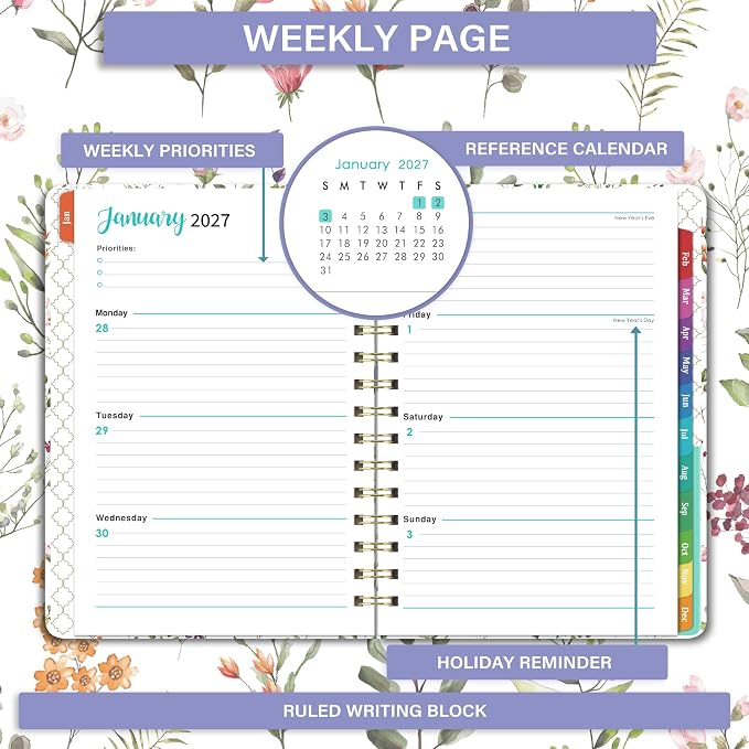 2027 Planner-Weekly and Monthly Planner 2027, 6.4"x8.5", Calendar book | Jan. 2027-Dec. 2027, Twin-Wire Binding, elastic closure, Tabs, Thick Paper, Contacts Pages, Inner Pocket, marked holidays