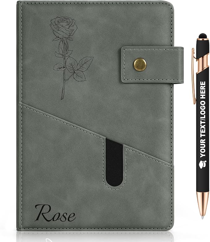 ENOMY Personalized Notebook Set Custom Leather Journal with Stylus Pens Gift,Grey