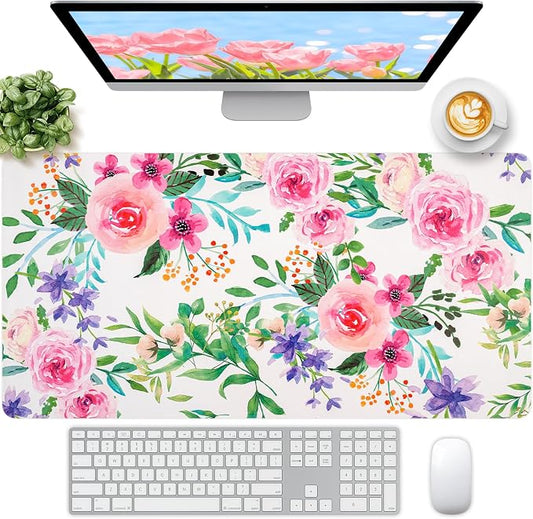 Leather Desk Pad, Pink Floral Desk Matt for Desktop, Women Girls Waterproof Large Keyboard Pad, Cute Computer Mat for Office Work/Home/Decor/Desktop Accessories (31.5"x15.7")