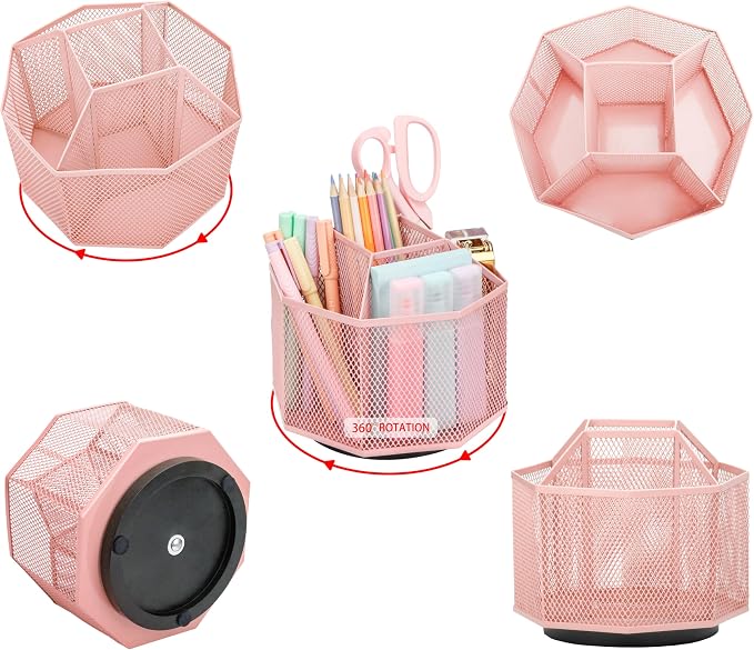 Exerz Desk Organizer 360 Rotating Pen Holder Storage Caddy Light Pink | Smooth Spinning Base with Open Mesh Sections Easy Access to Pens Brushes Scissors Daily Desk Tools