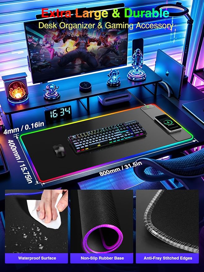 Wireless Charging Mouse Pad Gaming, 31.5"x15.8" Large Desk Mat, Waterproof | RGB Mousepad, Smooth Glide, Stitched Edge, Non-Slip Rubber Base, Desk Pad Computer Keyboard Mat, No Adapter