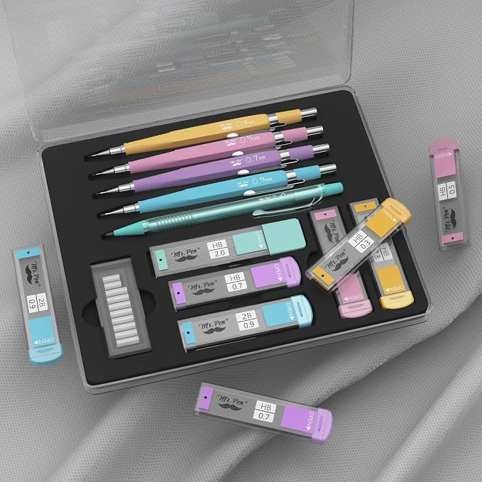 Mr. Pen- Pastel Mechanical Pencil Set, 5 Mechanical Pencils (0.3, 0.5, 0.7 | 0.9, 2.0mm), 5 HB Lead Refills & 10 Eraser Refills, Precision Drawing Pencils for Sketching, Writing & Artwork