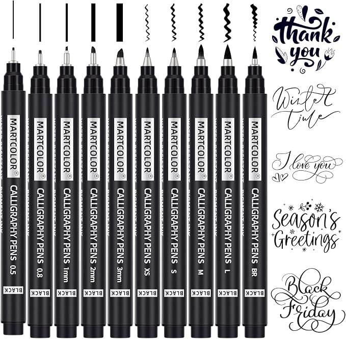 MARTCOLOR 10 Size Calligraphy Pens for Writing, Brush Pen Calligraphy Set | Calligraphy Pens for Beginners, Calligraphy Brush Pens, Hand Lettering Pen for Art Drawing, Sketching, Scrapbooking