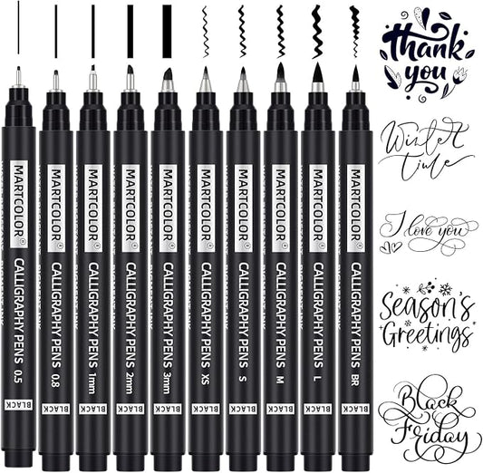 MARTCOLOR 10 Size Calligraphy Pens for Writing, Brush Pen Calligraphy Set | Calligraphy Pens for Beginners, Calligraphy Brush Pens, Hand Lettering Pen for Art Drawing, Sketching, Scrapbooking