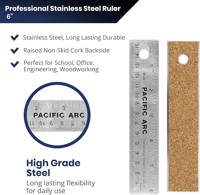 2 Pack | Pacific Arc Stainless Steel 6 Inch Metal Ruler Non-Slip Cork Back, with Inch and Metric Graduations