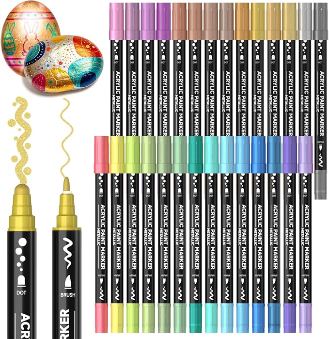 Shuttle Art 28 Metallic Colors Dual Tip Acrylic Paint Markers, Dot Tip and Fine Tip Acrylic Paint Pens for Rock, Ceramic, Wood, Canvas, Plastic, Glass, Stone, Calligraphy, Card, DIY Football Crafts