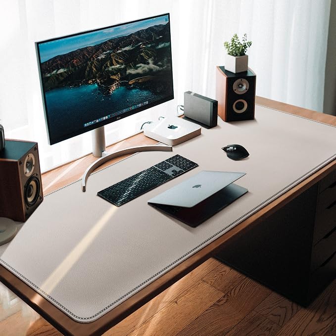 CENNBIE 39.3" x 19.6" Leather Desk mat,Perfect Desk Mate for Office(Cream) | Premium stitched edges resist wear. Easy to clean. Protects desk from spills, stains ,scratches. Smooth glide. Office & home.