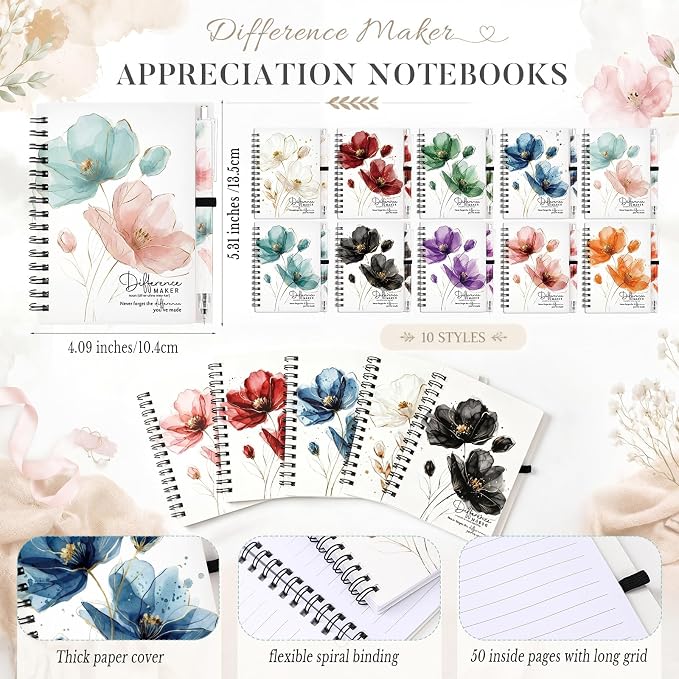 Resurhang 30 Sets Difference Maker Employee Appreciation Gift Bulk Inspirational A6 Spiral Notebook Journal Ballpoint Pens for Teacher Volunteer Coworker Team Back to School (Floral Colors)