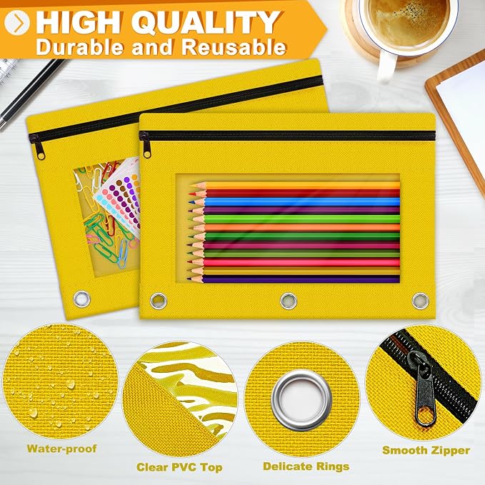 Pencil Pouch for 3 Ring Binder, 2 Pack Pencil Bags with Zipper, Yellow Pencil Case for Classroom School Office Supplies, Large Sturdy and Durable Cloth Pencil Pocket for 3 Holder Binder