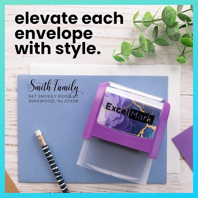 ExcelMark Custom Return Address Stamp (Purple, Signature Script) | Custom Return Address Stamp with Elegant Designs, Vibrant Colors & Patterns – Perfect for Mail, Invitations & Gifts