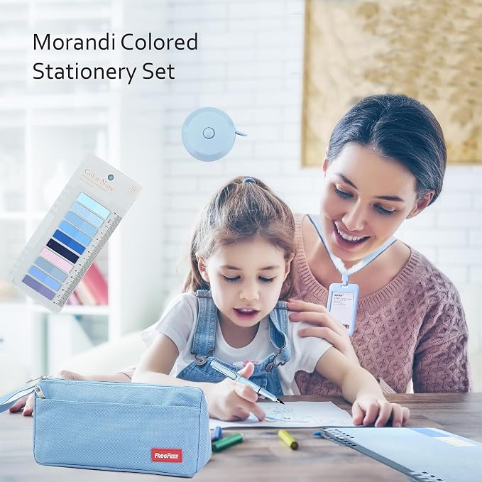45PCS Morandi Color School Supplies Set with Notebook, Gel Ink Rollerball Pens, Pencil Cas, ID Badge Holder, fluorescent pens,Pencil, Erasers, Clip, tape measure, pen core