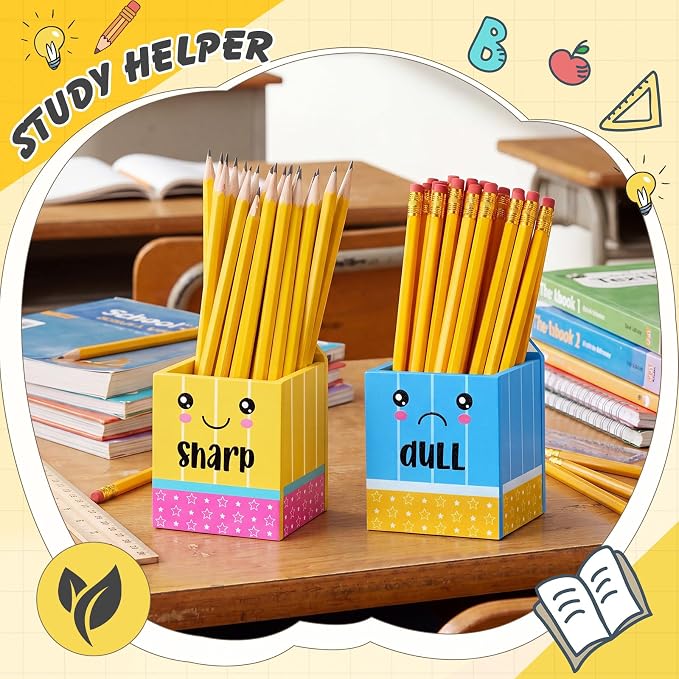 DoubleFill 2 Pcs Blue Pencil Shaped Holder Sharp Dull Holder Wooden Dispenser Pen Storage with Classic Pencil Shaped Design for Back to School Teachers Classroom Organization Accessories