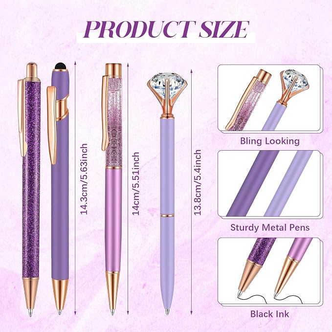 Sabary 8 Pcs Purple Pens with Pen Holder for Desk Glitter Crystal Diamond Cute Ballpoint Fancy Pencil Holder Bling Desk Organizer for Women Girls School Office Supplies Wedding Graduation Gifts