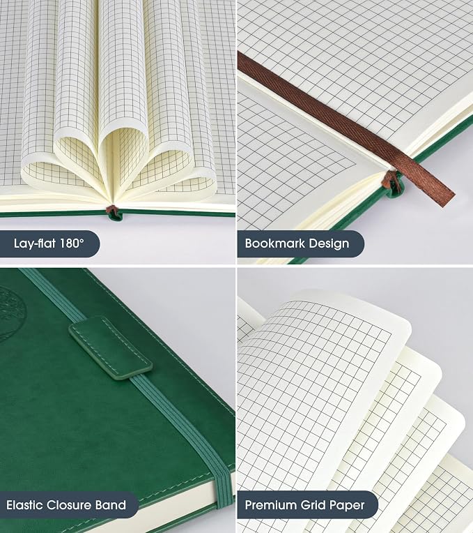 Biuwory A5 Hardcover Graph Paper Notebook, Grid Leather Journal for Writing | 140 Quad Ruled Grid Pages Vintage Diary, 5.7"×8.3" Travel Notebook for Work, School, Women & Men