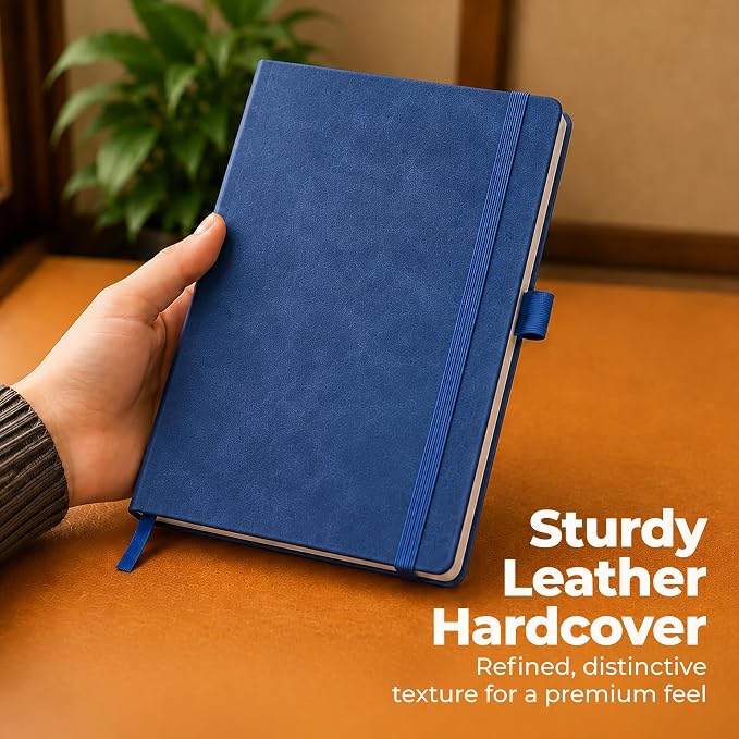 A5 Lined Leather Bound Writing Journal Blue Notebook 300 Pages 5.8x8.3" | Leather bound journal for men, journals for writing, mens notebook. Thick lined pages for work and daily journaling.