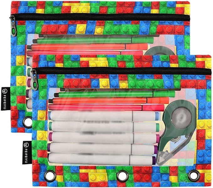 Gredecor 3 Ring Binder Pencil Pouch, Plastic Building Blocks-1 Zippered Pen Case Pouches with Clear Window, 2 Pack Stylish Office & School Supplie