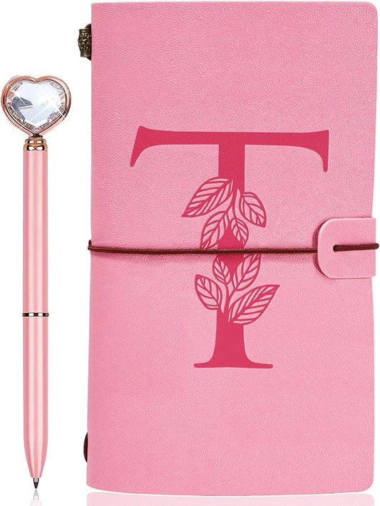 Personalized Journal Gift-Pink Initial Leather Journal+Heart Diamond Pen Set,Travel Notebook Diary Gifts,Refillable Notepads,Christmas,Birthday Gifts for Women Girls (7.9"x4.7") (T)