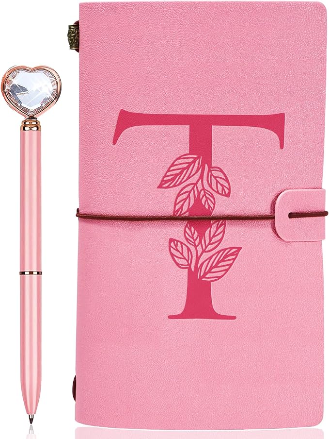 Personalized Journal Gift-Pink Initial Leather Journal+Heart Diamond Pen Set,Travel Notebook Diary Gifts,Refillable Notepads,Christmas,Birthday Gifts for Women Girls (7.9"x4.7") (T)