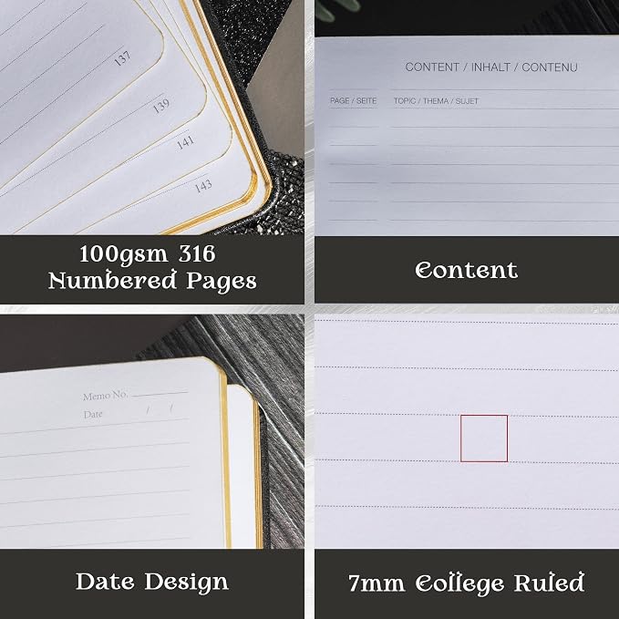 MGGAO Lined Journal Notebook for Women Men, A5 Aesthetic Notebook | 316 Numbered Pages, Golden Edges, Faux Leather, College Ruled, Hardcover, for Writing, Note Taking, School & Office
