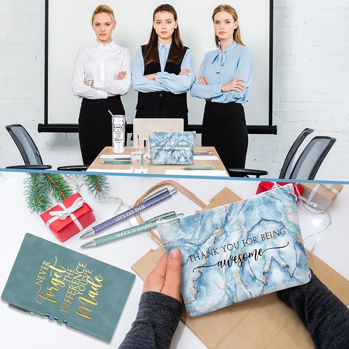 Domensi 6 Pcs Employee Appreciation Gift Set for Women Female Thank You Gift May You Be Proud 20 oz Rustic Marble Sign Tumbler Makeup Bag Journal for Boss Teacher Work Business(Blue)