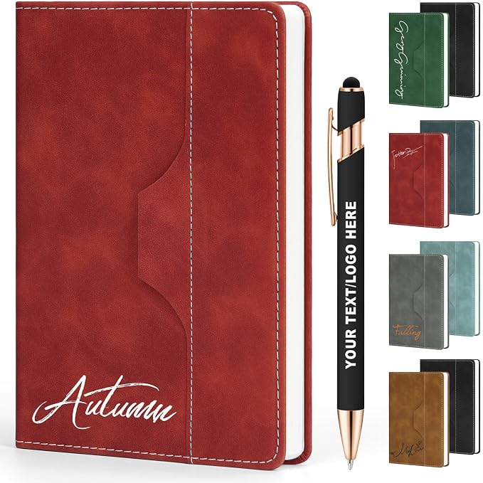 ENOMY Personalized Notebook Set Custom A5 Journal UV Printing Personalized Journal with 10 PC Metal Pens for College Birthday Travel Business Gift, Red
