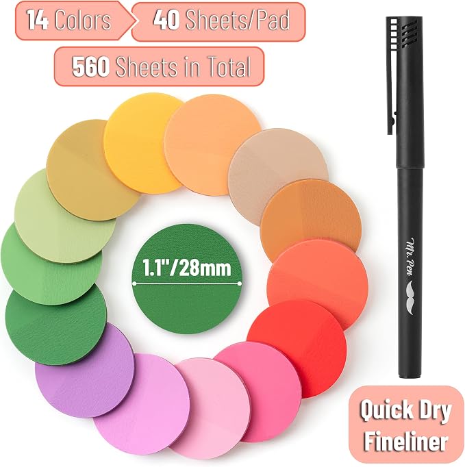 Mr. Pen- Round Transparent Sticky Notes, 1.1” Diameter, 14 Pads, 560 Sheets | Colorful, Water-Resistant See-Through Sticky Notes & Fineliner, Smooth Writing, Note Tabs for Bible Journaling, Studying