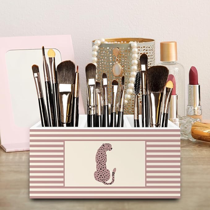 Trendy Retro Leopard Pen Pencil Holder Organizer for Desk, Pink Striped Leopard Wild Animal Wooden Box Signs Decorations for Girls Room Bedroom Desk Tabletop, Cheetah Gifts for Women Men