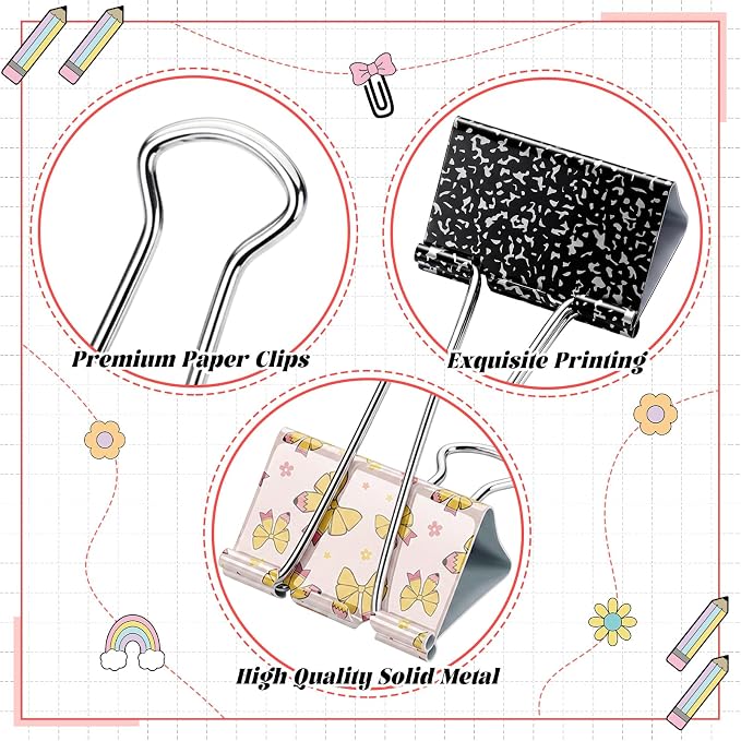 Thenshop 12 Pcs Back to School Teacher Gifts Extra Large Teacher Binder Clips 2'' Giant Metal Paper Clamps with Pencil Composition Book Design Clip for Student Classroom Office Back to School Supplies