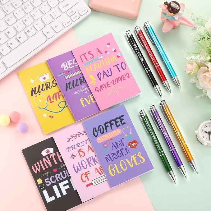 Geyee 24 Pcs Mini Motivational Pens Inspirational Notepads Bulk Appreciation Gifts Small Journals Funny Ballpoint Pen Set Prizes Men Women Office Travel Party Favors(Nurse)