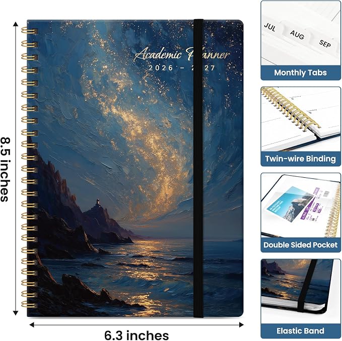 Planner 2026-2027, Academic Year Monthly and Weekly Calendar Planner, Jul 2026 - Jun 2027, Hardcover Teacher Student Planning Agenda book with Tabs, Perfect for School Office Supplies, 6.3" x 8.5" - Golden Tide