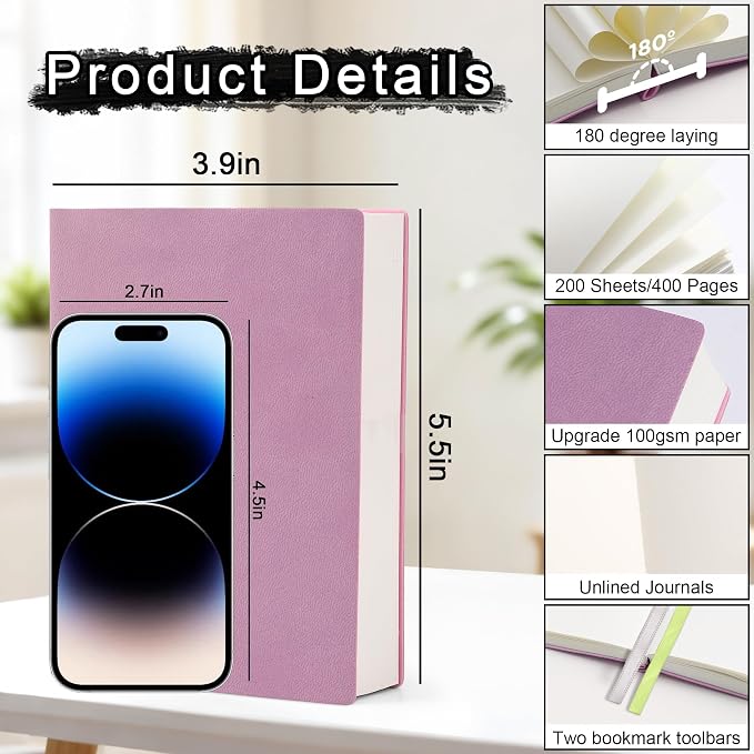 Thick Blank Journal Notebook 400 Pages, A6 Unlined Plain Sketchbook, 100gsm Thick Blank Paper Hardcover Soft Leather Cover, No Lines Drawing Pad Memo Diary Writing Art Notepad 3.9 × 5.5
